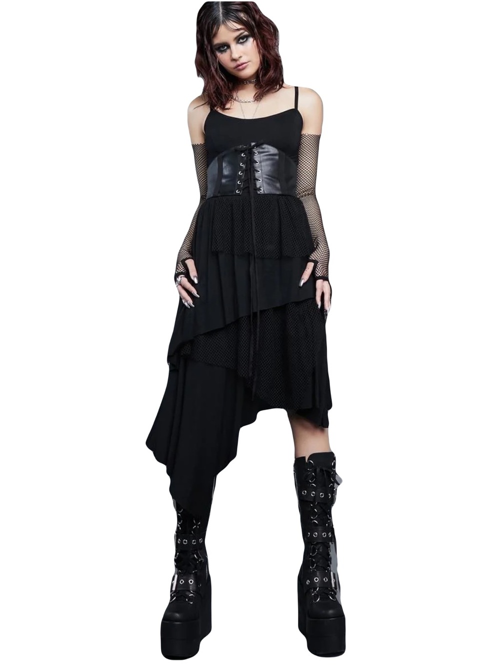 Dolls Kill Widow orchestrated chaos midi dress fishnet corset gothic vamp XXL